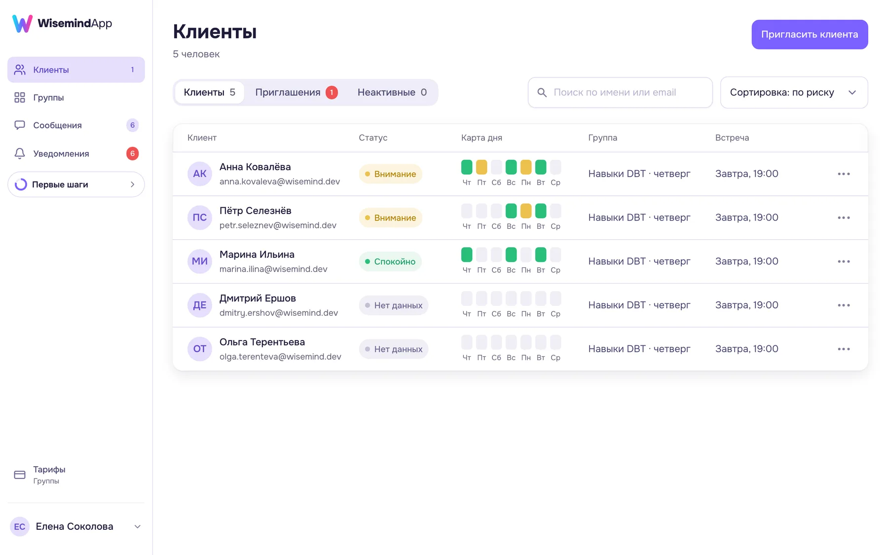 Список клиентов в кабинете специалиста